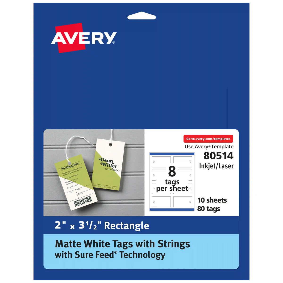 Avery® Rectangle Tags with Sure Feed® Technology, 2" x 3-1/2", Matte White, 80 Tags with Strings, Print-to-the-Edge, Laser/Inkjet Printable Tags