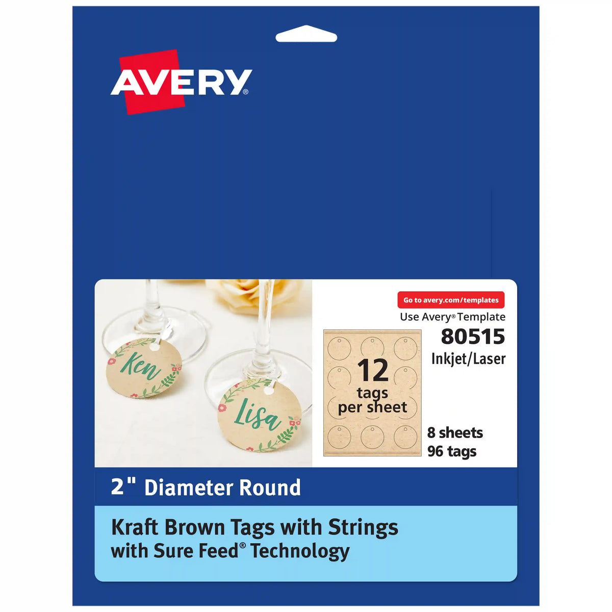 Avery®  Kraft Brown Round Tags with Sure Feed®  Technology, 2" Diameter, Laser/Inkjet, 96 Tags with Strings