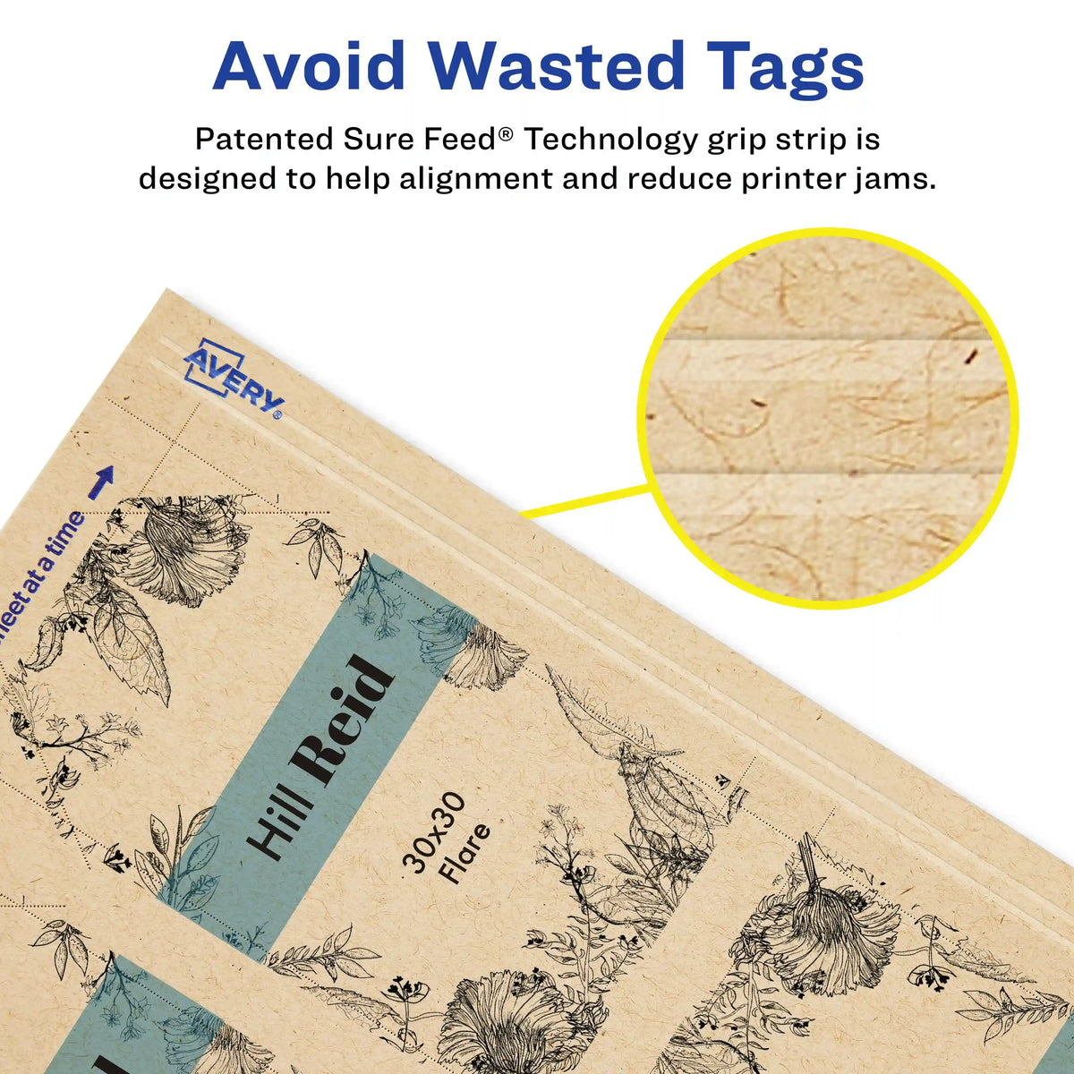 Avery®  Kraft Brown Banner Tags with Sure Feed®  Technology, 2" x 3.5", Laser/Inkjet, 64 Tags with Strings
