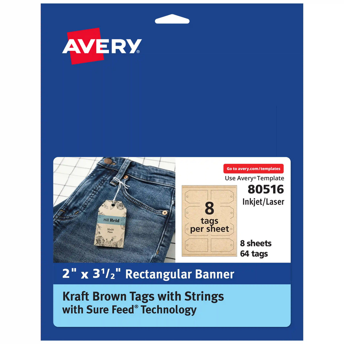Avery®  Kraft Brown Banner Tags with Sure Feed®  Technology, 2" x 3.5", Laser/Inkjet, 64 Tags with Strings