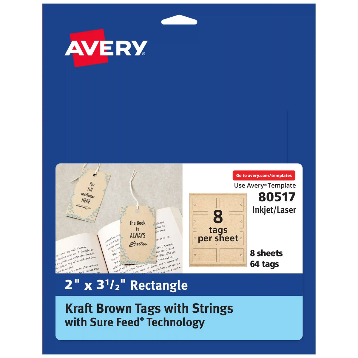 Avery®  Kraft Brown Rectangle Tags with Sure Feed®  Technology, 2" x 3.5", Laser/Inkjet, 64 Tags with Strings