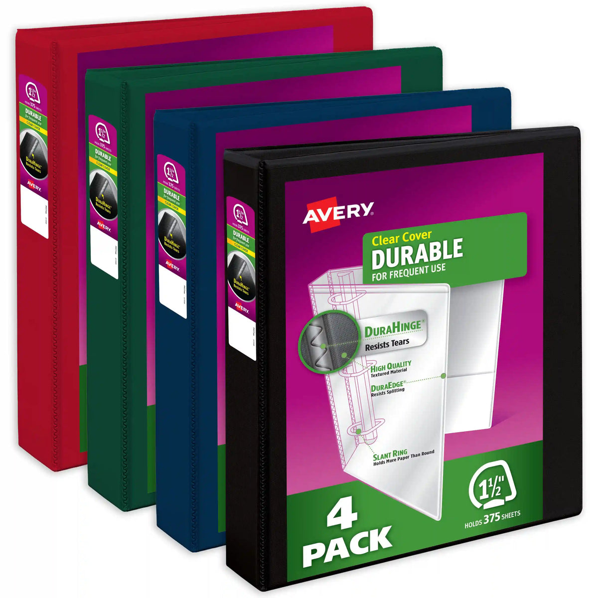 Avery® Durable View 3 Ring Binders, 1-1/2 Inch Slant Rings, 375-Sheet Capacity, Assorted Dark Colors (4-Pack of 05622)
