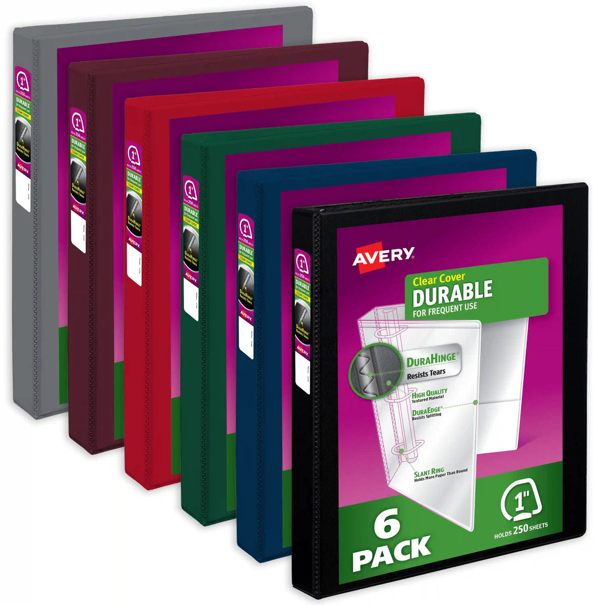 Avery® Durable View 3 Ring Binders, 1 Inch Slant Rings, 250-Sheet Capacity, Assorted Dark Colors (6-Pack of 05633)