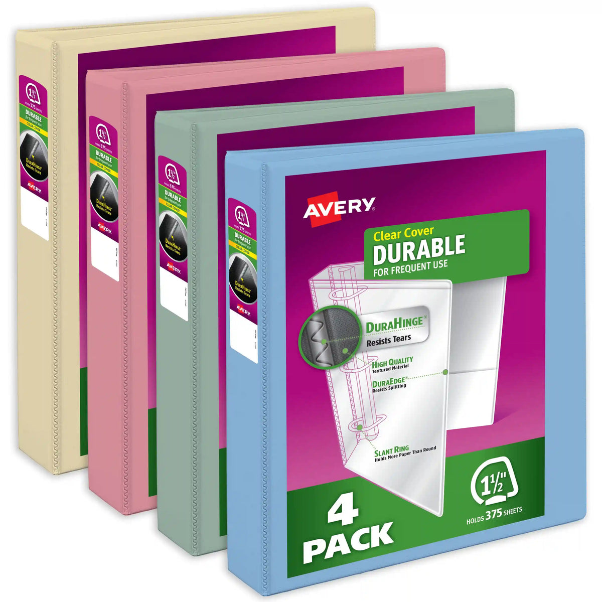 Avery® Durable View 3 Ring Binders, 1-1/2 Inch Slant Rings, 375-Sheet Capacity, Assorted Pastel Colors (4-Pack of 05634)
