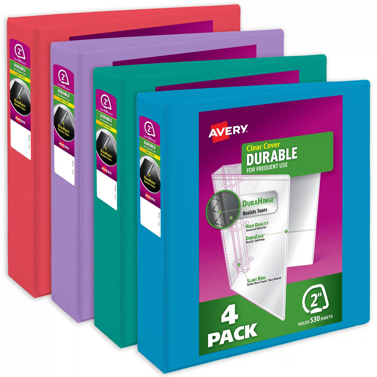Avery® Durable View 3 Ring Binders, 2 Inch Slant Rings, 530-Sheet Capacity, Assorted Bright Colors (4-Pack of 05635)
