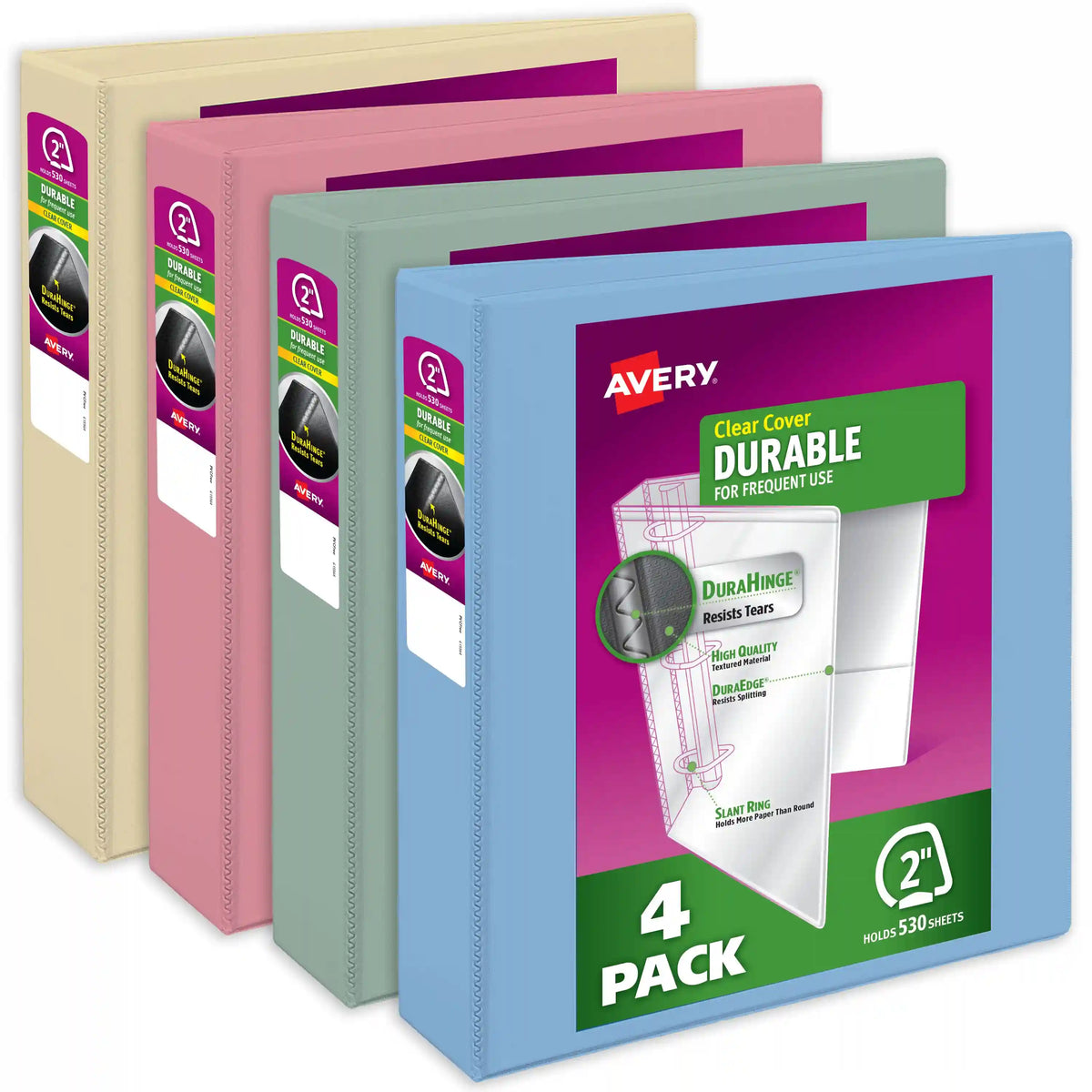 Avery® Durable View 3 Ring Binders, 2 Inch Slant Rings, 530-Sheet Capacity, Assorted Pastel Colors (4-Pack of 05636)