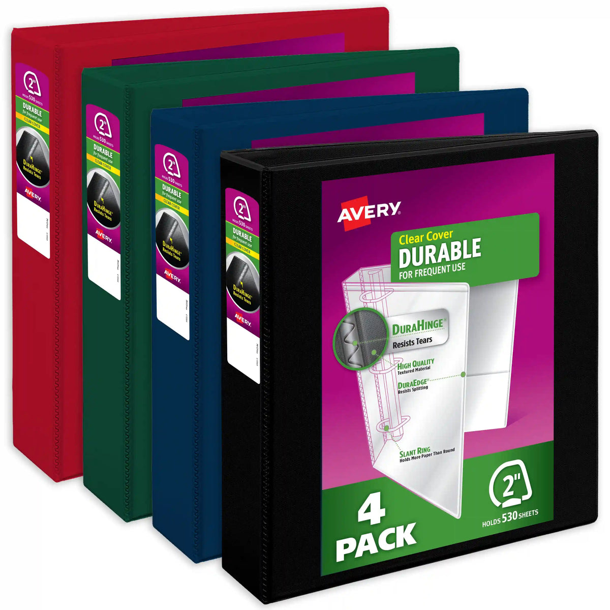 Avery® Durable View 3 Ring Binders, 2 Inch Slant Rings, 530-Sheet Capacity, Assorted Dark Colors (4-Pack of 05638)