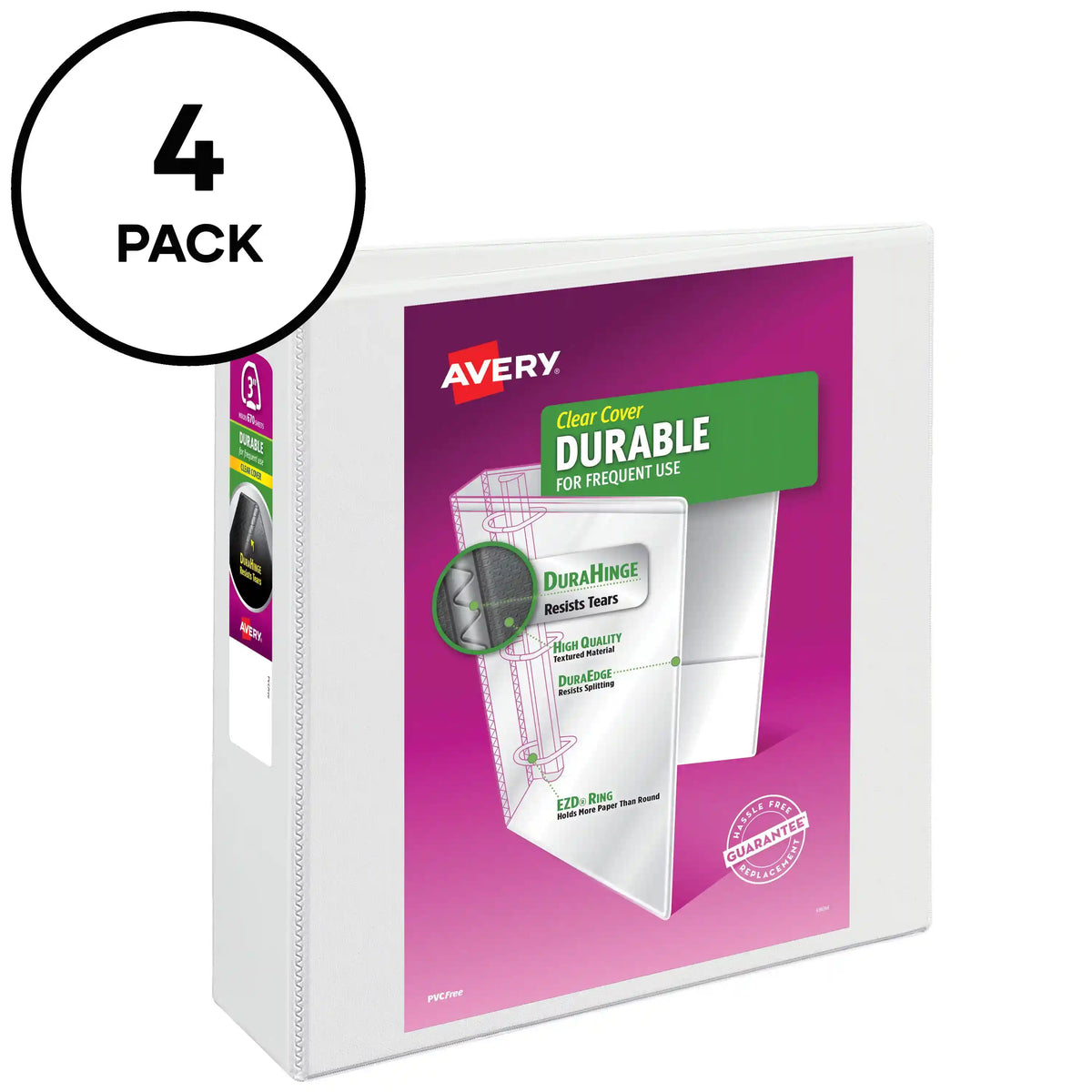Avery Durable View 3 Ring Binders, 3 Inch EZD Rings, 4 White Binders