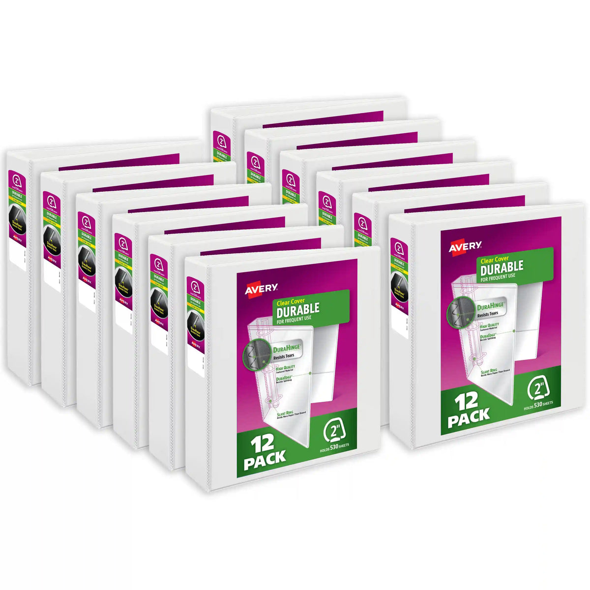 Avery® Durable View 3 Ring Binders, 2 Inch Slant Rings, 530-Sheet Capacity, White Binders (12-pack of 17032)