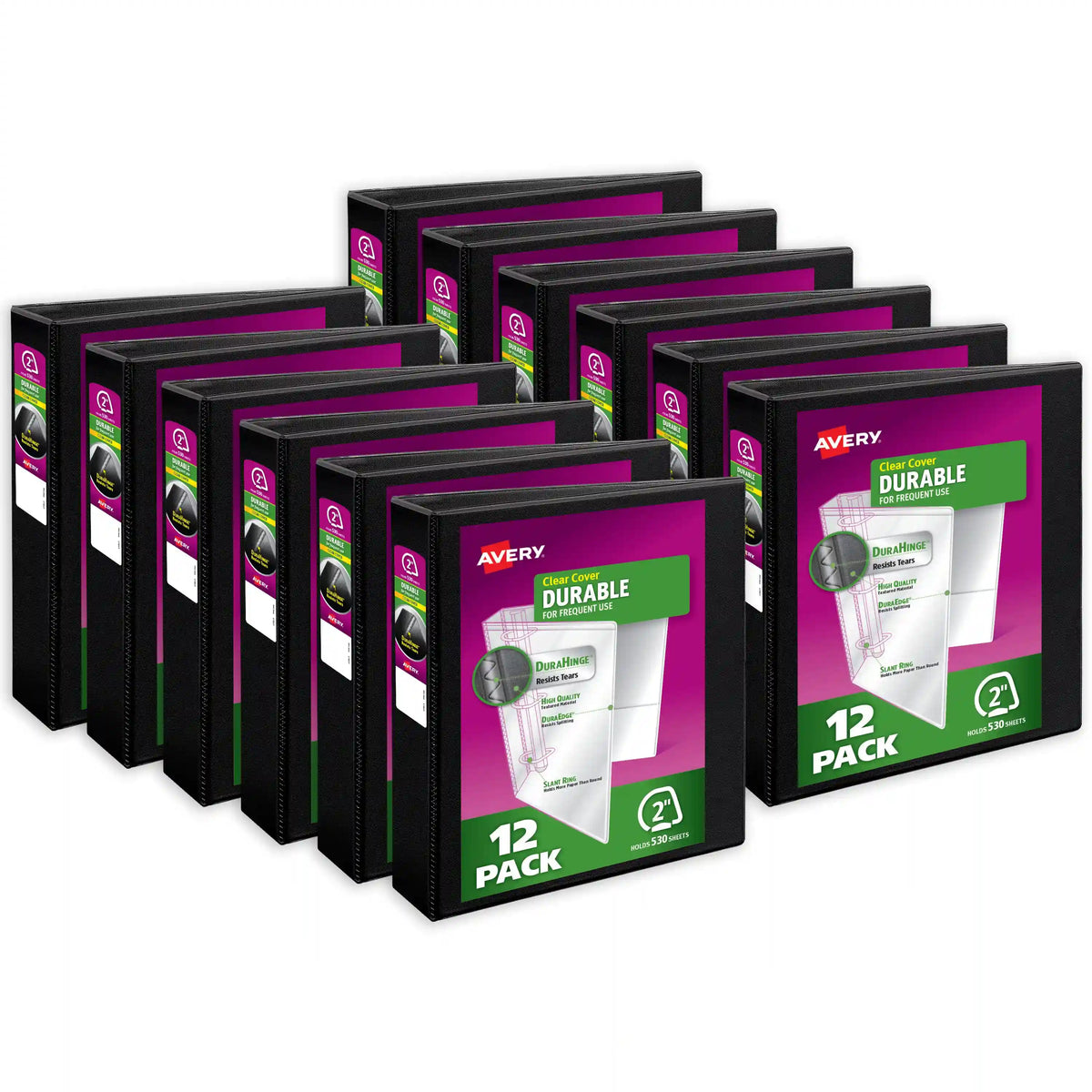 Avery® Durable View 3 Ring Binders, 2 Inch Slant Rings, 530-Sheet Capacity, Black Binders (12-pack of 17031)