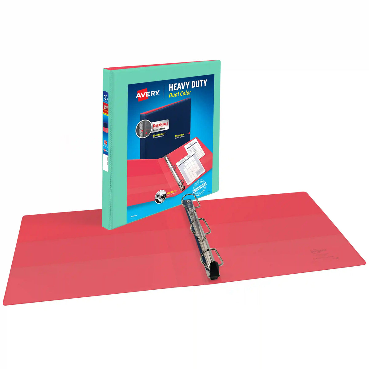 Avery® Heavy-Duty Dual Color Binder, 1/2" Slant Rings, 135-Sheet Capacity, 0.7 Inch Wide Spine, Mint/Coral