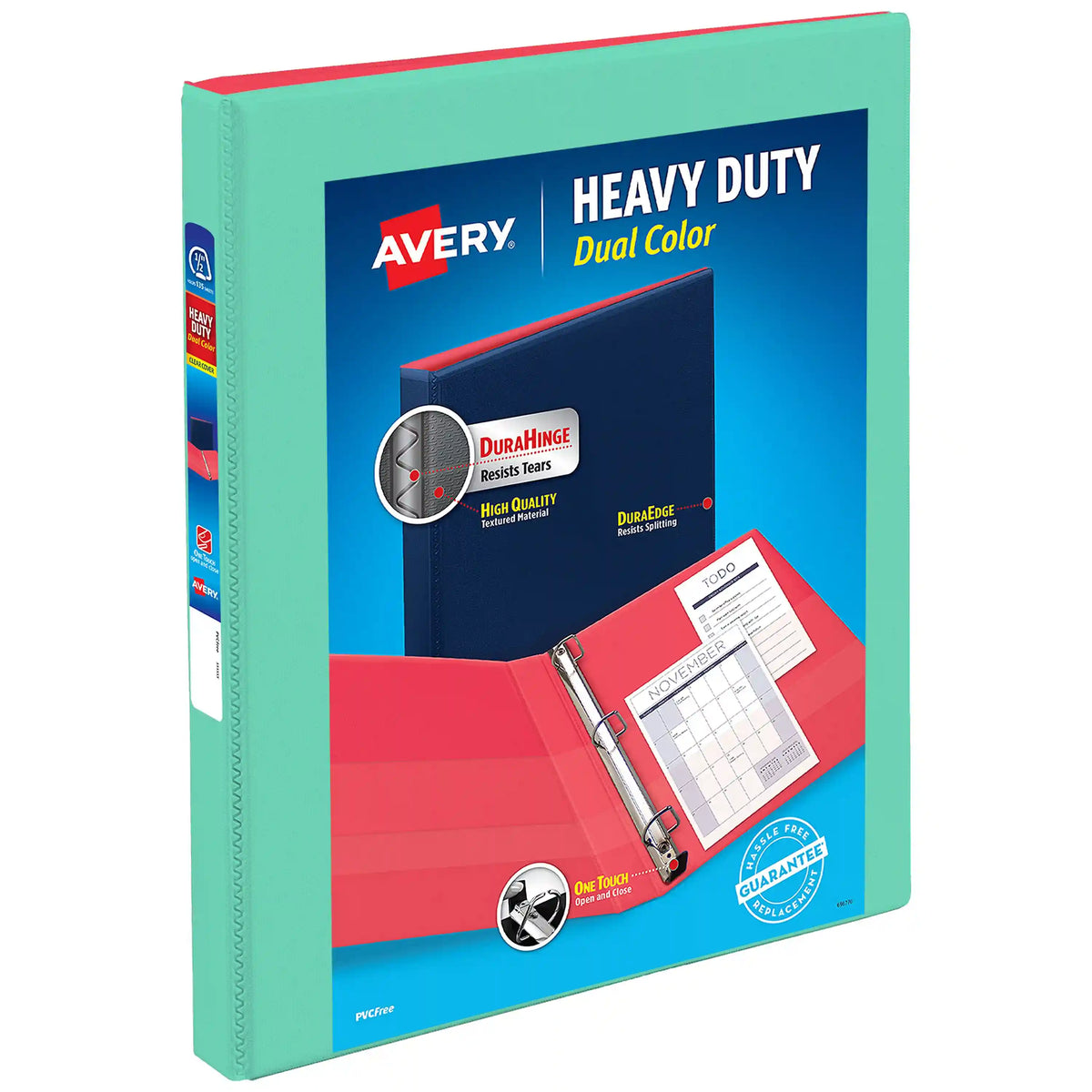 Avery® Heavy-Duty Dual Color Binder, 1/2" Slant Rings, 135-Sheet Capacity, 0.7 Inch Wide Spine, Mint/Coral