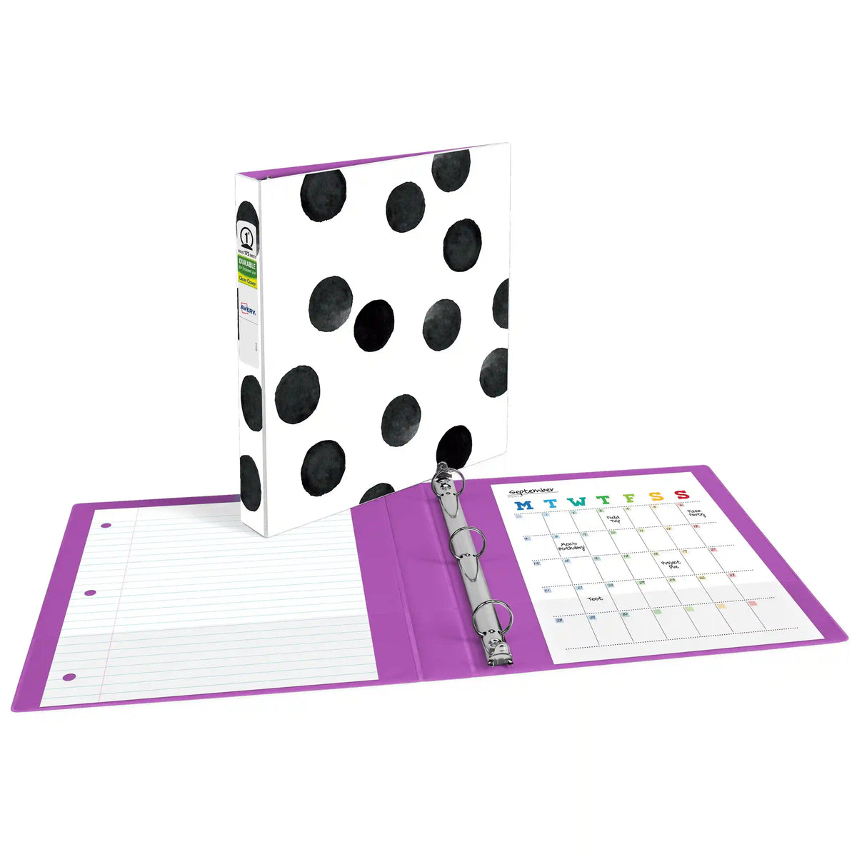 Avery® Durable View 3 Ring Binder, 1" Round Rings, Black & White Dots, 1 Fashion Binder