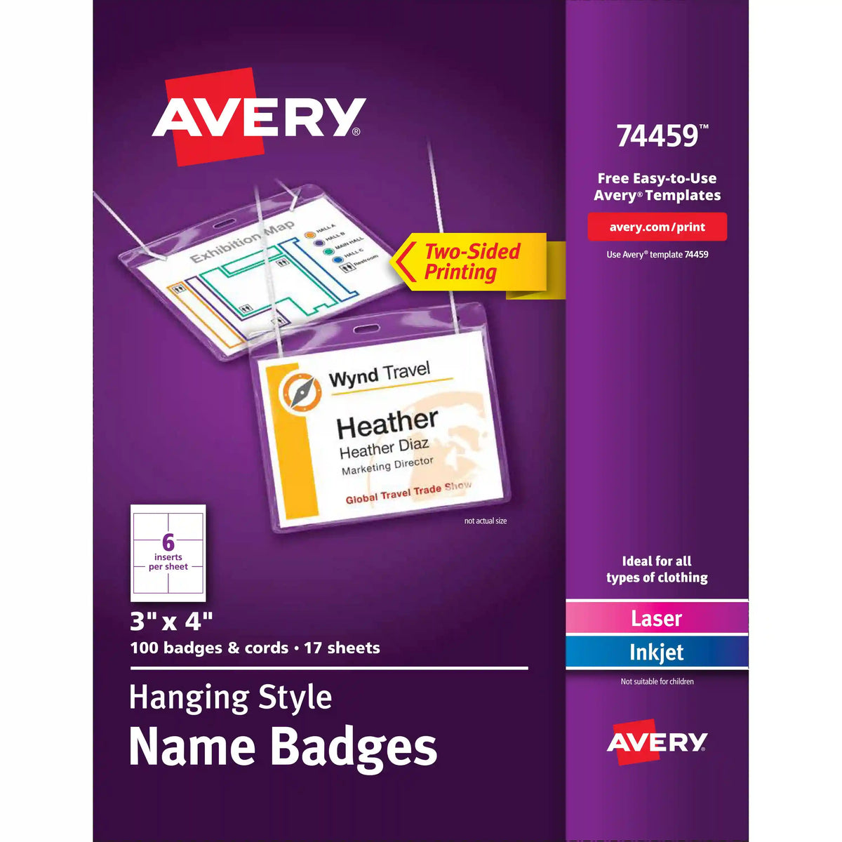Avery® Hanging Style Name Badges, 3" x 4", Printable Name Tag Inserts, 100 Name Tag Holders with Cords
