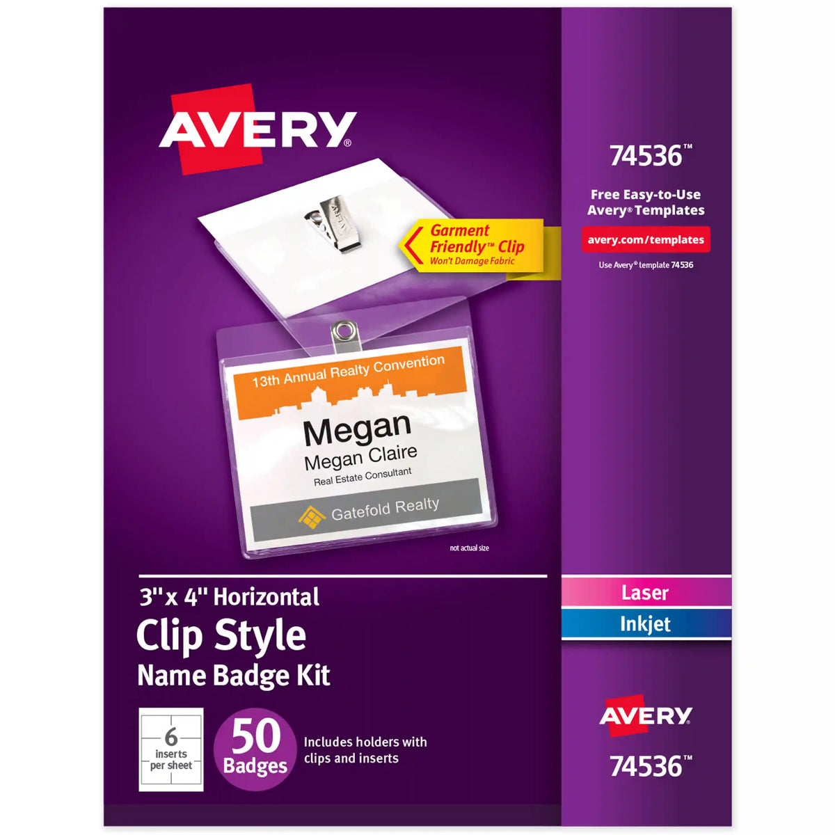Avery® Customizable Name Badges with Clips, 3" x 4", Clear Name Tag Holders with White Printable Inserts, 50 Clip Style Name Badges for Laser and Inkjet