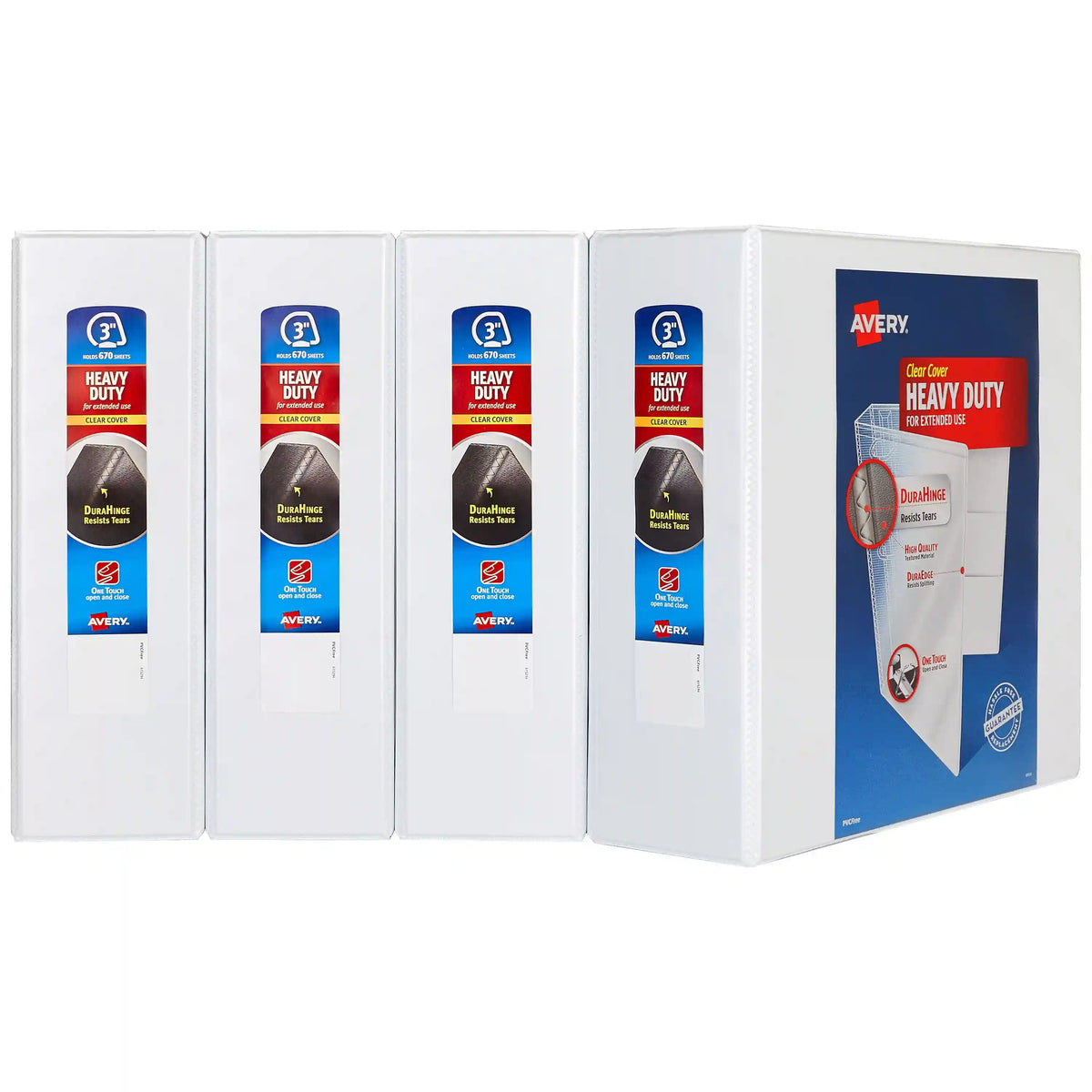 Heavy-Duty View 3 Ring Binders, 3" One Touch Slant Rings, 635-Sheet Capacity, White, 4 Pack