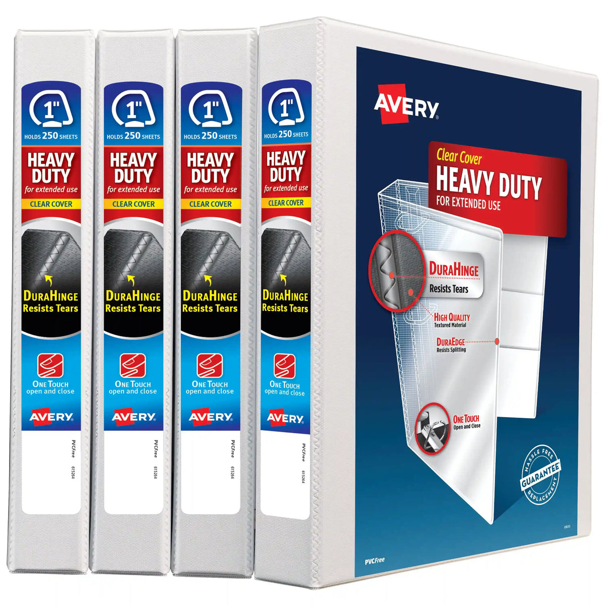 Avery® Heavy-Duty View Binder, 1" One Touch Slant Rings, 250-Sheet Capacity, DuraHinge™, 4 Binders, White